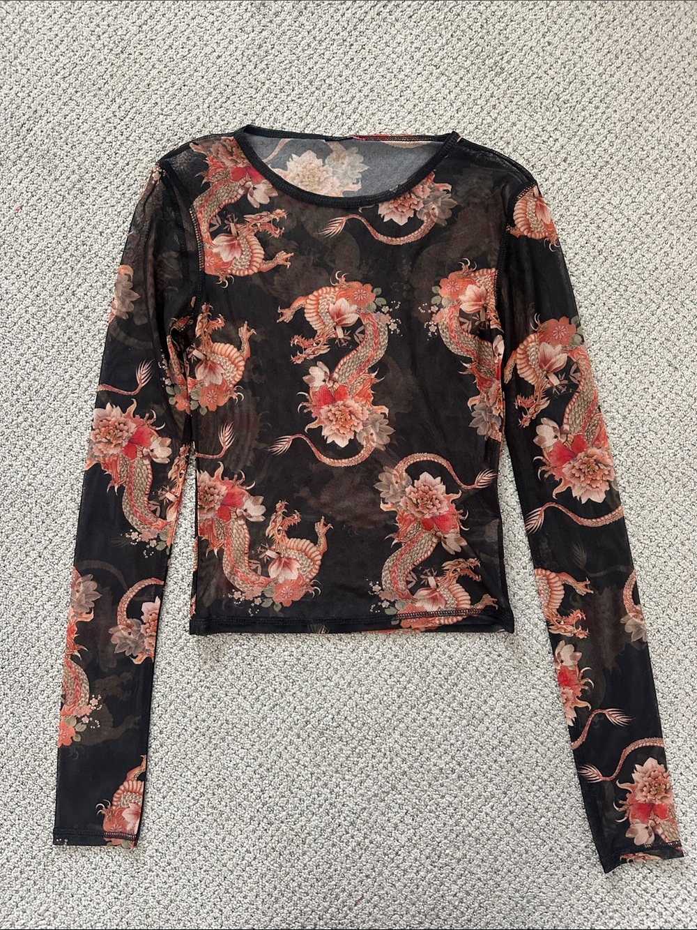 Women's Black Mesh Long-Sleeve Top with Red Floral Dragon Print